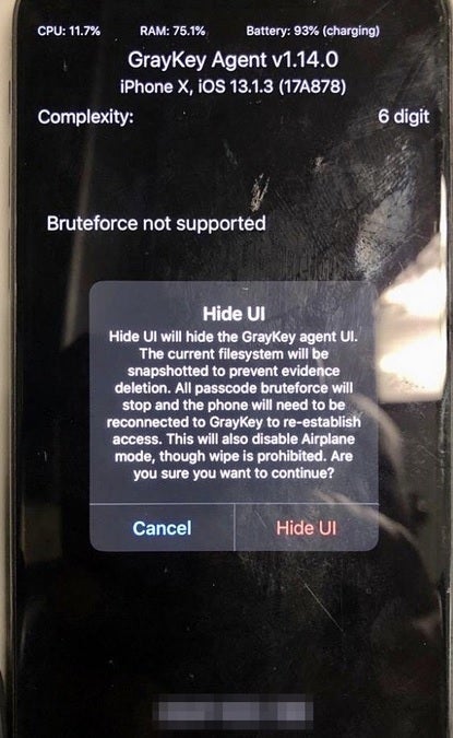 Screenshot of the Hide UI on the iPhone X - Report reveals law enforcement&#039;s secret tool for stealing your iPhone passcode