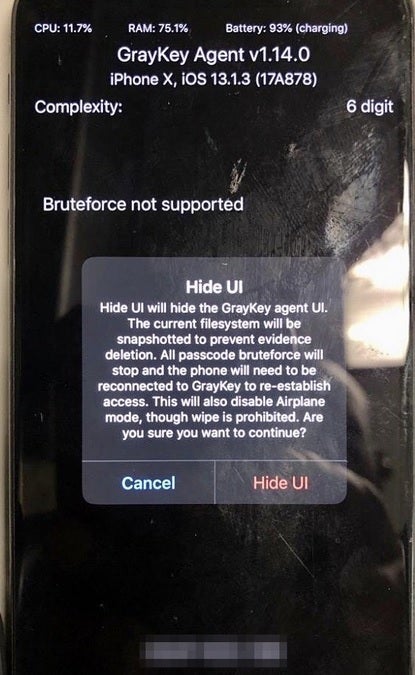 Screenshot of the Hide UI on the iPhone X - Report reveals law enforcement's secret tool for stealing your iPhone passcode