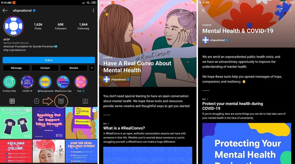 Left - showing where the new Guides icon is, middle and right - showing two different Guides. - Instagram adds big new feature to certain accounts for supporting users' well-being