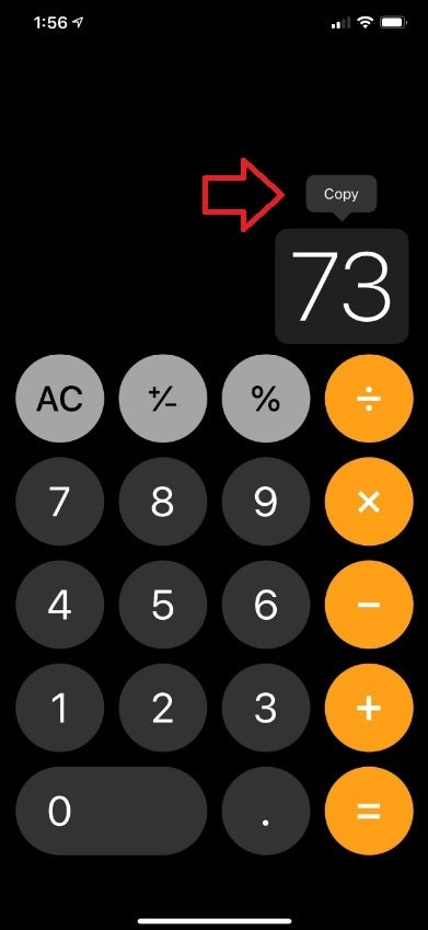 A long-press on a tally will allow the iOS stock calculator to paste the figure into an email or text - The stock iOS calculator has several tricks up its sleeve