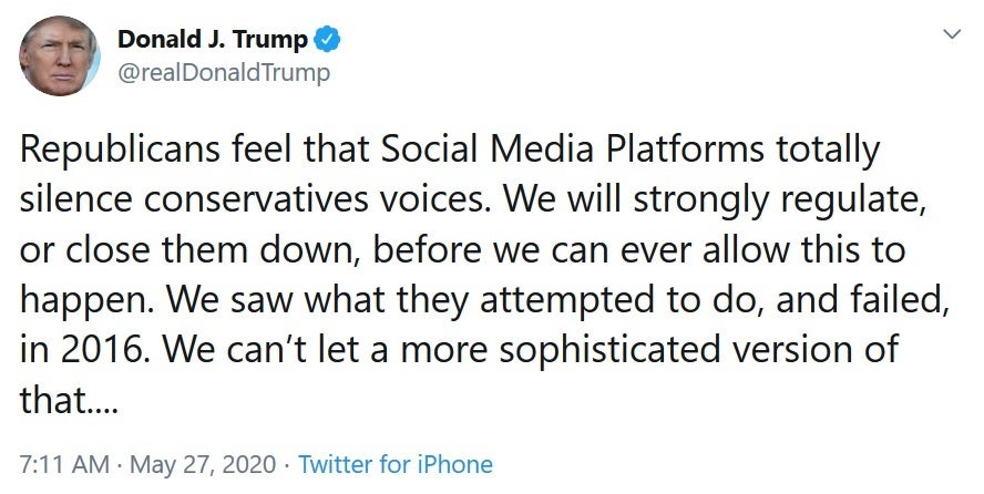 ...leading the president to threaten regulating social media - Twitter&#039;s fact-checking leads to Trump&#039;s tirade against social media; president threatens regulation