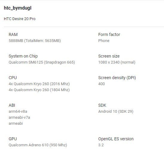 alleged HTC Desire 20 Pro specs - Leaked specs hint that the HTC Desire 20 Pro will not live up to its name