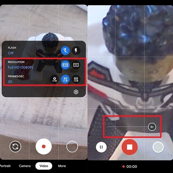 Google Camera update brings controls to switch between resolution and fps (L) and an 8x zoom for video (R) - Pixel 4 camera gets new video features after latest update