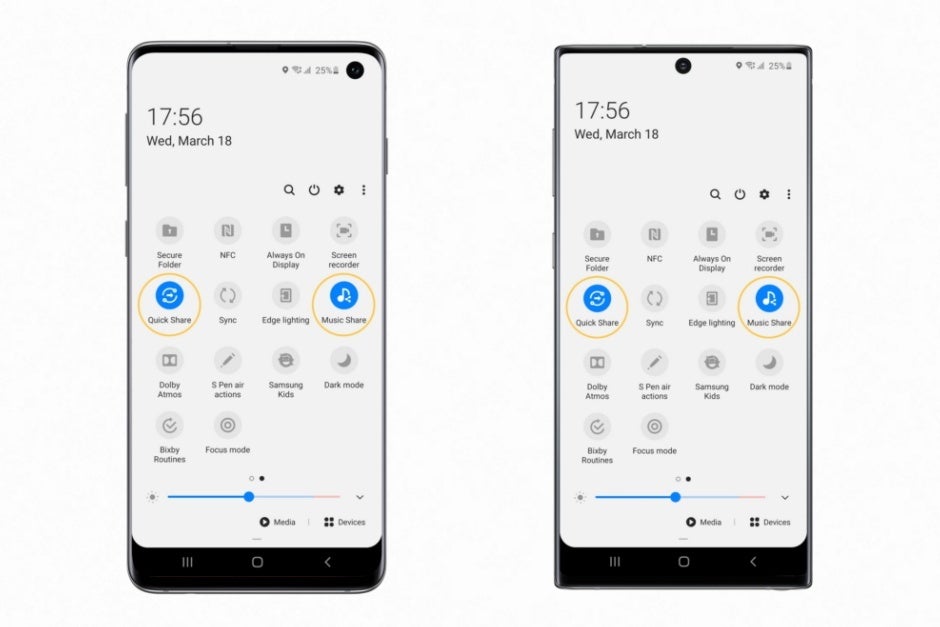 Quick Share and Music Share pictured on the Galaxy S10 (left) and Note 10 (right) - Samsung brings the absolutely massive One UI 2.1 update to the Galaxy Note 9