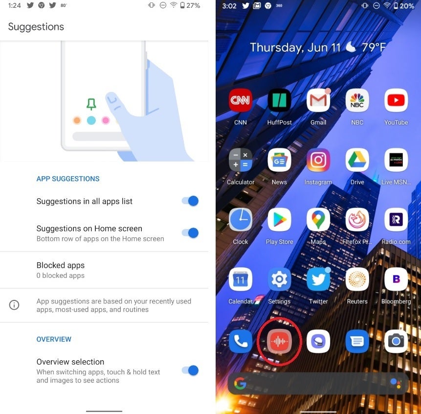 At right, Android 11 beta 1 recommended that we replace the Chrome app with the Recorder app on the home screen of our Pixel 2 XL - App suggestions hit your Pixel&#039;s home screen with Android 11 beta 1