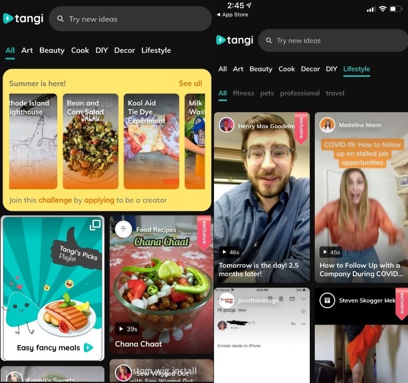 Tangi is now available for both Android (L) and iOS (R) users - Google's short-form video app Tangi now inspires Android users
