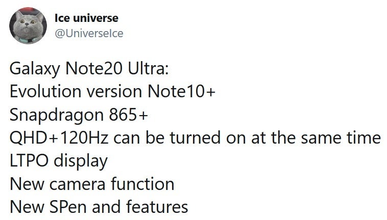 Rumored specs for the Galaxy Note 20 Ultra posted by tipster Ice Universe - Rumored specs for Samsung Galaxy Note 20 Ultra 5G include unannounced Snapdragon chip