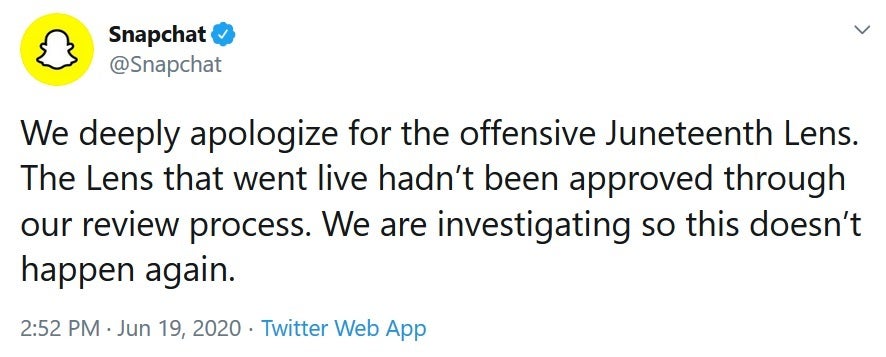 Snapchat admits that creating its Juneteenth Lens was a mistake - Snapchat removes racist Juneteenth Lens, says that it wasn't approved