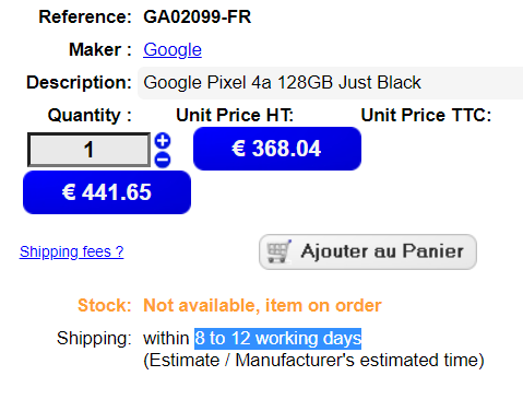 Pixel 4a eStock.fr listing - Google Pixel 4a European listings point towards a July release