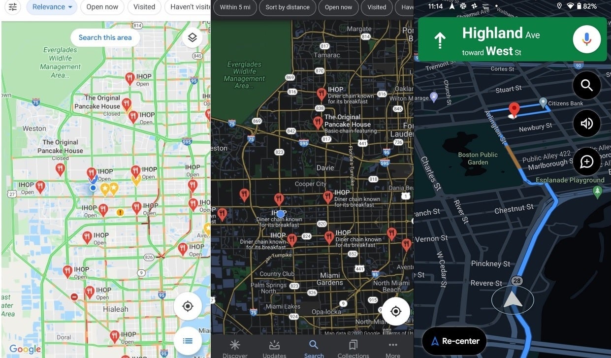 From left to right, Light Mode for Google Maps, Dark Mode in Google Search, and Dark Mode in the apps' navigation page - Search app might show preview of Google Maps Dark Mode