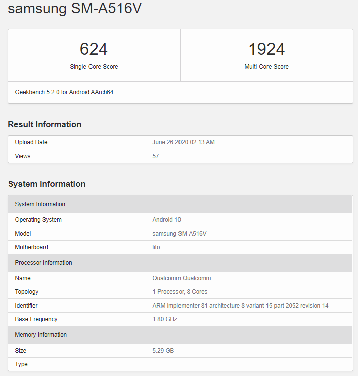 Galaxy A51s 5G UW's Geekbench listing - Verizon-exclusive Samsung Galaxy A51s 5G UW spotted with the Snapdragon 765G chipset