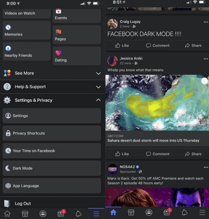 Dark mode for iOS version of the Facebook app - Facebook testing Dark mode for iOS