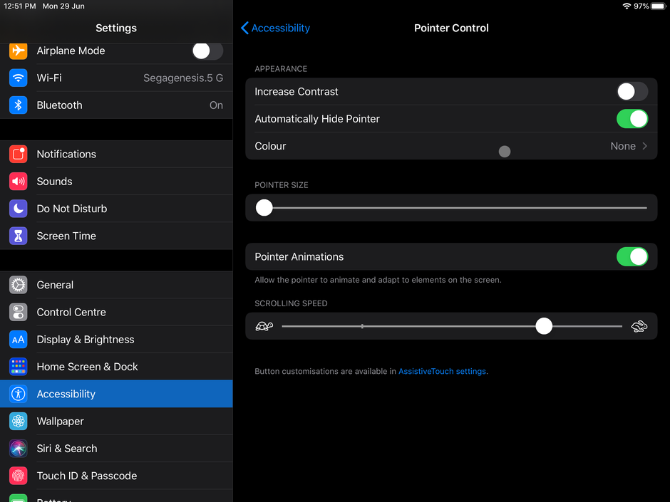 The iPad Pointer Control settings. - Here's how to use a mouse on your iPad, and what it's like