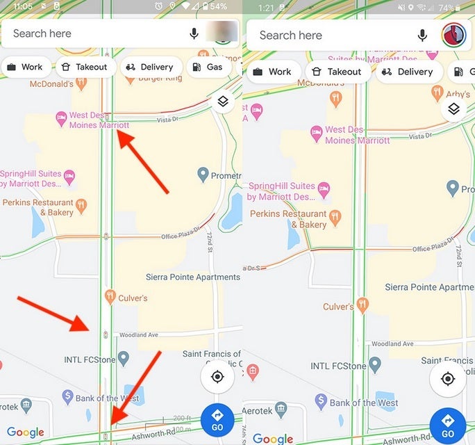 On the left arrows point to the traffic light icons being tested by Google - New useful feature being tested for Android version of Google Maps