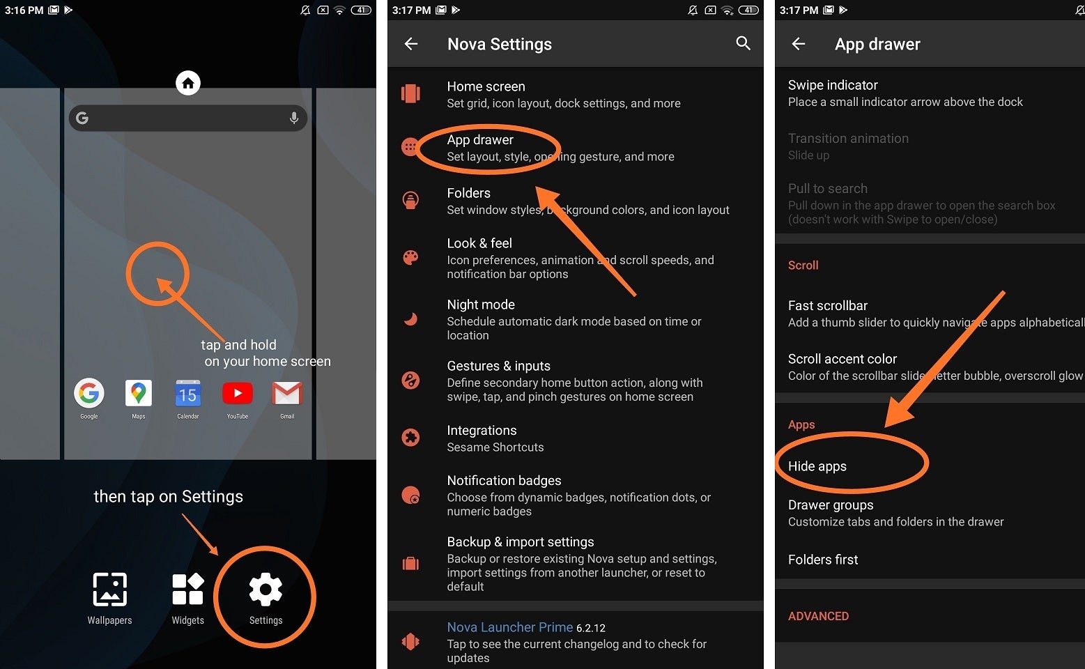 Going to the &#039;Hide apps&#039; menu in Nova Launcher takes four simple steps - How to hide apps on your Android phone