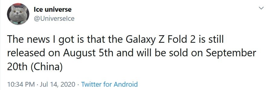 Twitter tipster Ice Universe says that Galaxy Z Fold 2 will be unveiled on August 5th - Tipster reveals possible unveiling and launch dates for the Galaxy Z Fold 2 5G