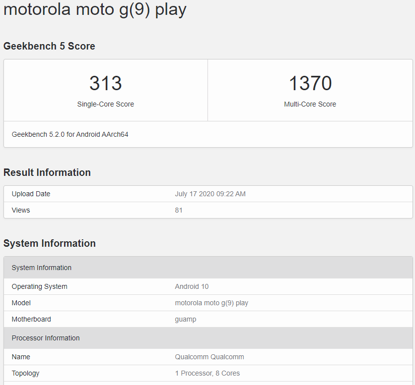 Moto G9 Play Geekbench listing - Motorola Moto G9 Play spotted on Geekbench with a better chip and more RAM