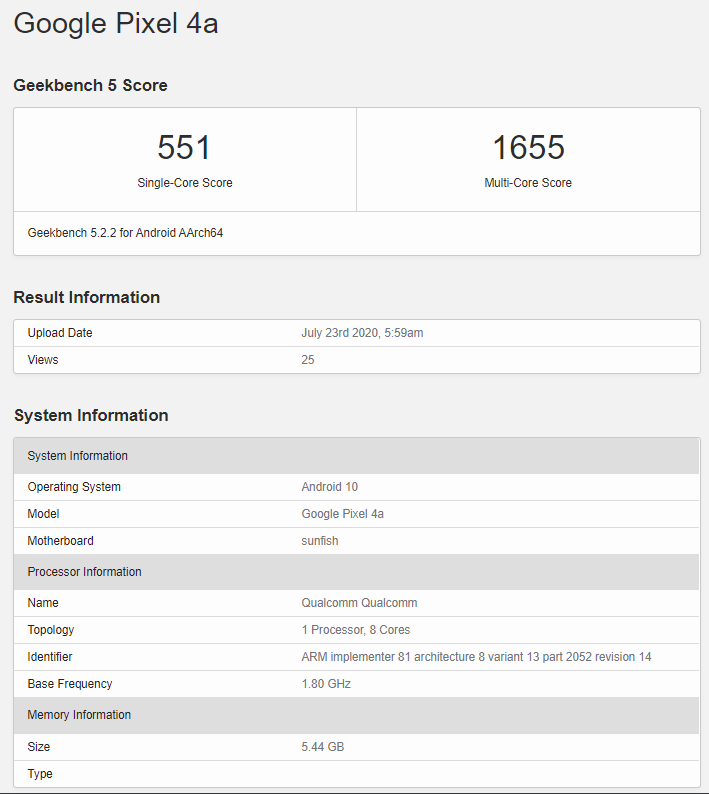Alleged Pixel 4a Geekbench 5 scores - Google Pixel 4a Geekbench listing implies all hope is not lost