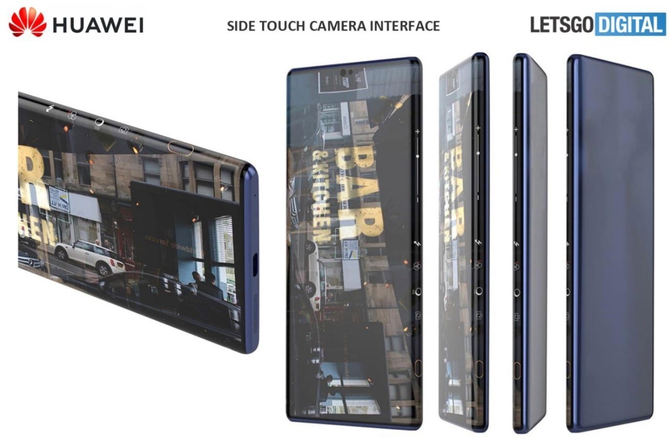 LetGoDigital created a render from a patent illustration showing a touch interface for a phone's camera on the side of a curved waterfall display - Alleged Huawei Mate 40 Pro 5G screen protector confirms a waterfall display for the upcoming flagship