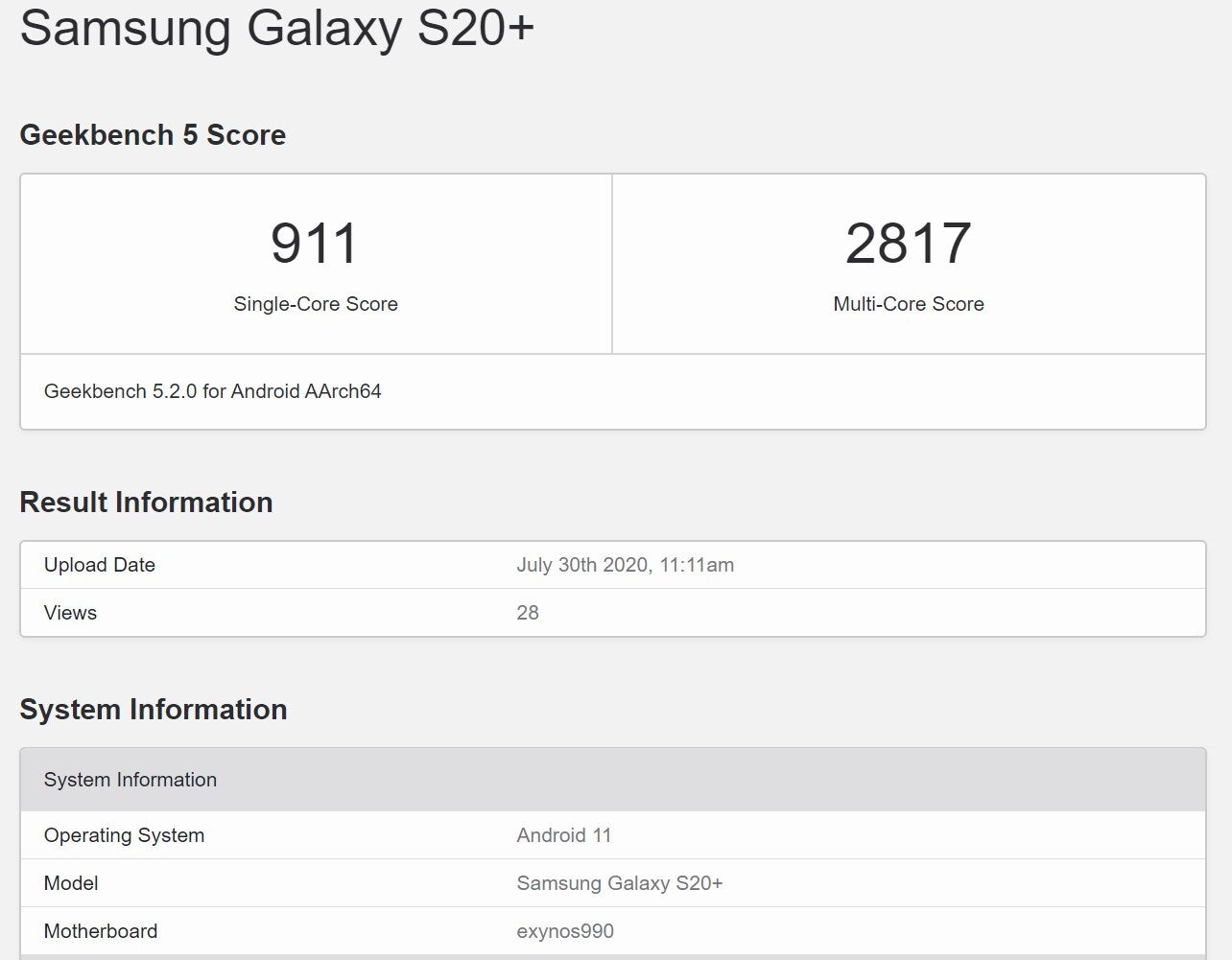 Samsung Galaxy S20+ shows up on Geekbench running Android 11