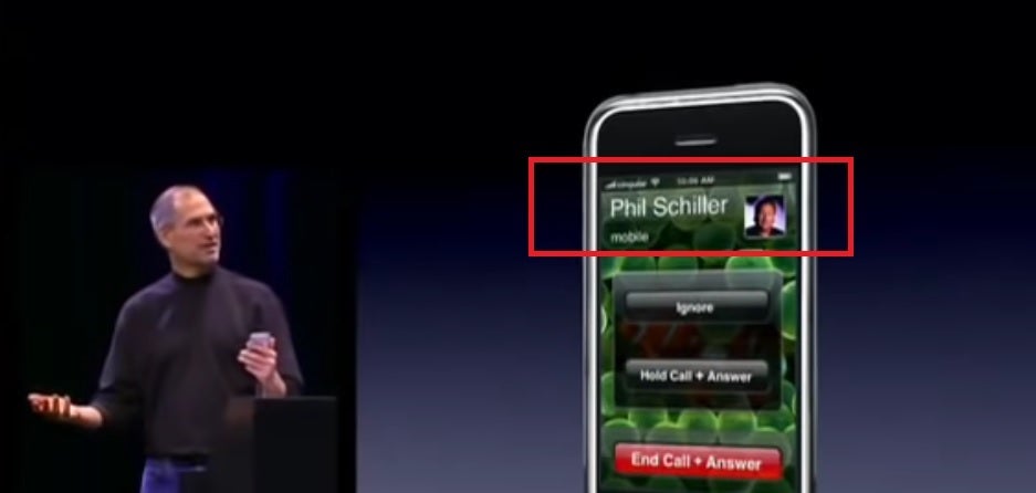 The late Steve Jobs calls Phil Schiller on the original Apple iPhone during the product&#039;s unveiling in 2007 - Long time Apple marketing chief Phil Schiller is replaced