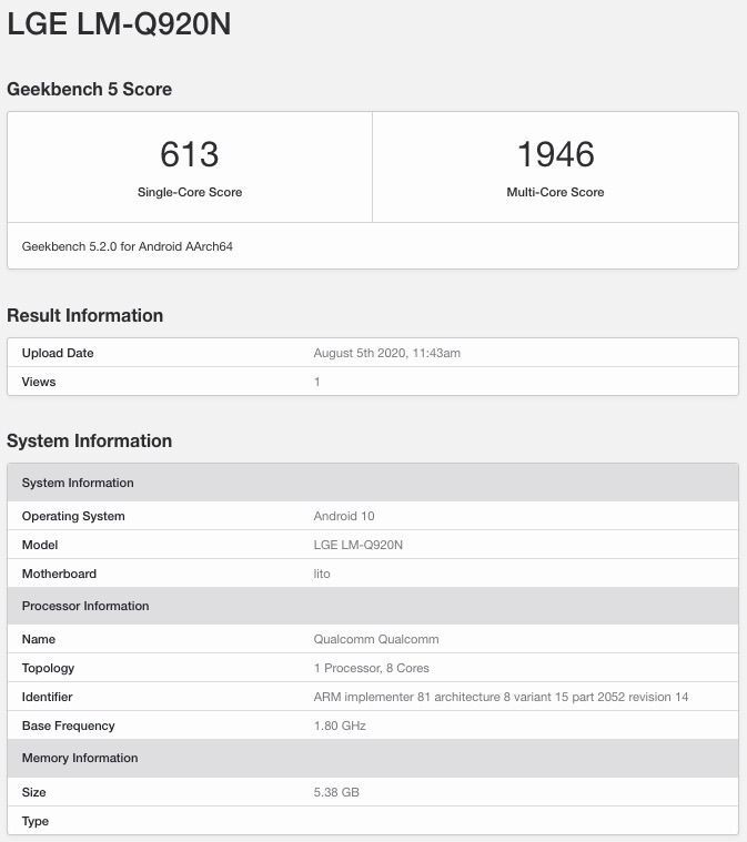 LG Q92's alleged Geekbench listing - LG Q92 5G allegedly stopped by Geekbench, revealing key specs
