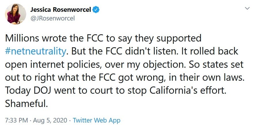 FCC chairwoman Jessica Rosenworcel is not happy with the FCC's decision to fight California in court - DOJ seeks to ban Net Neutrality in California