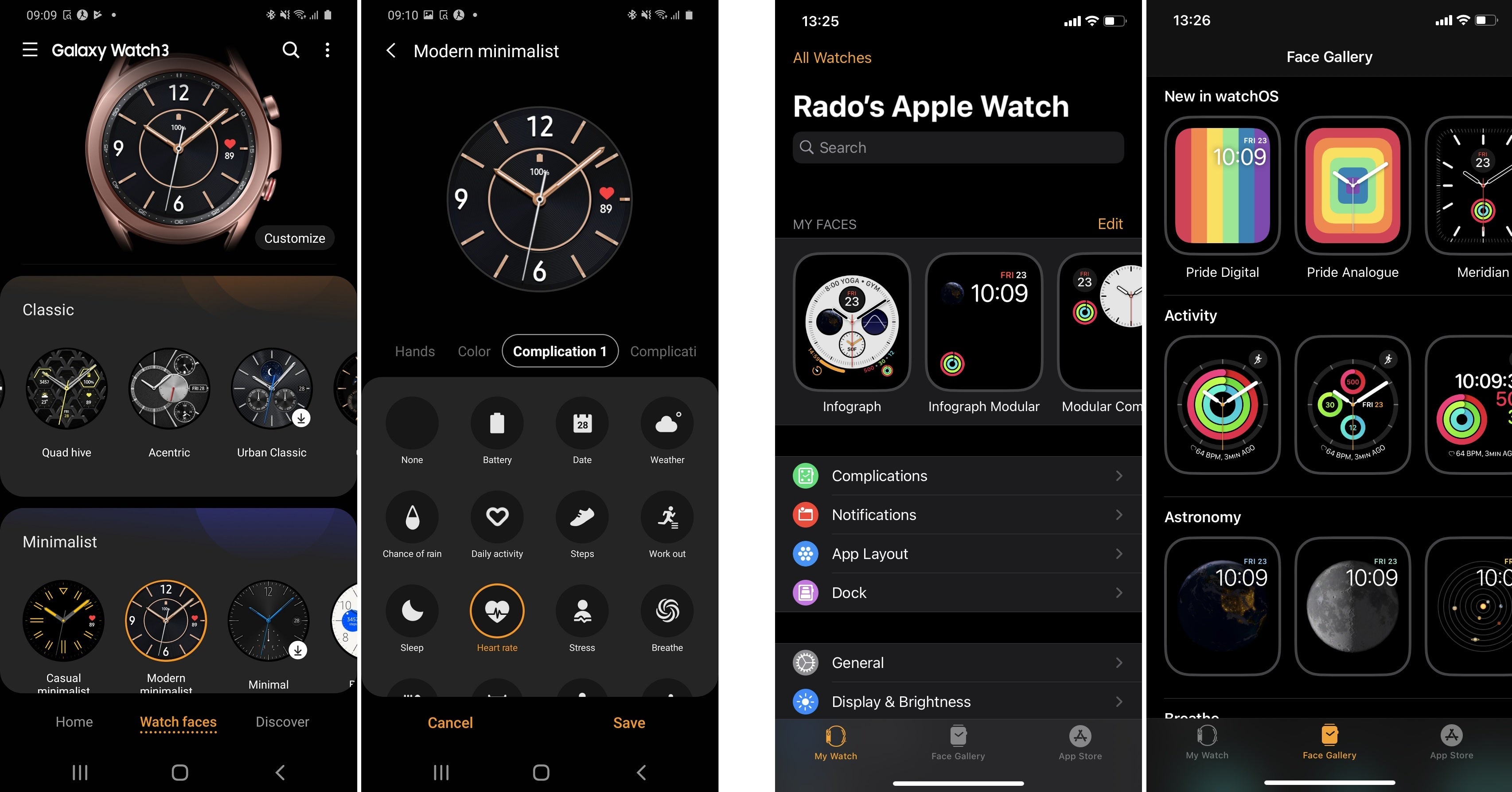 On the left we have two screenshots from the Galaxy Watch 3's smartphone companion app, while the two on the right are from the Apple Watch iPhone app - Apple Watch Series 5 vs Samsung Galaxy Watch 3