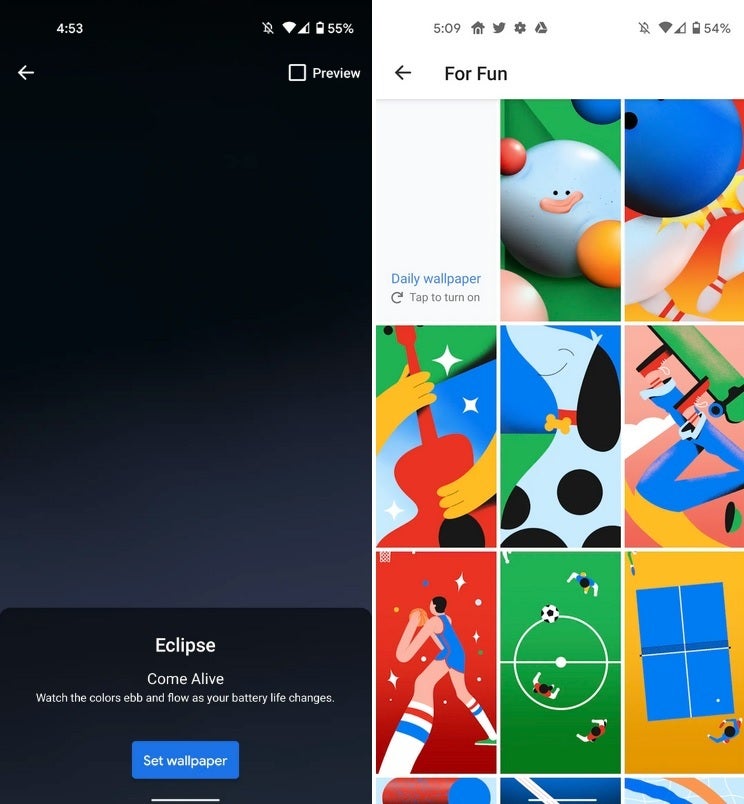 Live wallpaper for the Pixel 4a-at left, Eclipse measures how much battery life you have on the phone - Google Pixel 4a live wallpaper "Eclipse" tracks the phone's battery life
