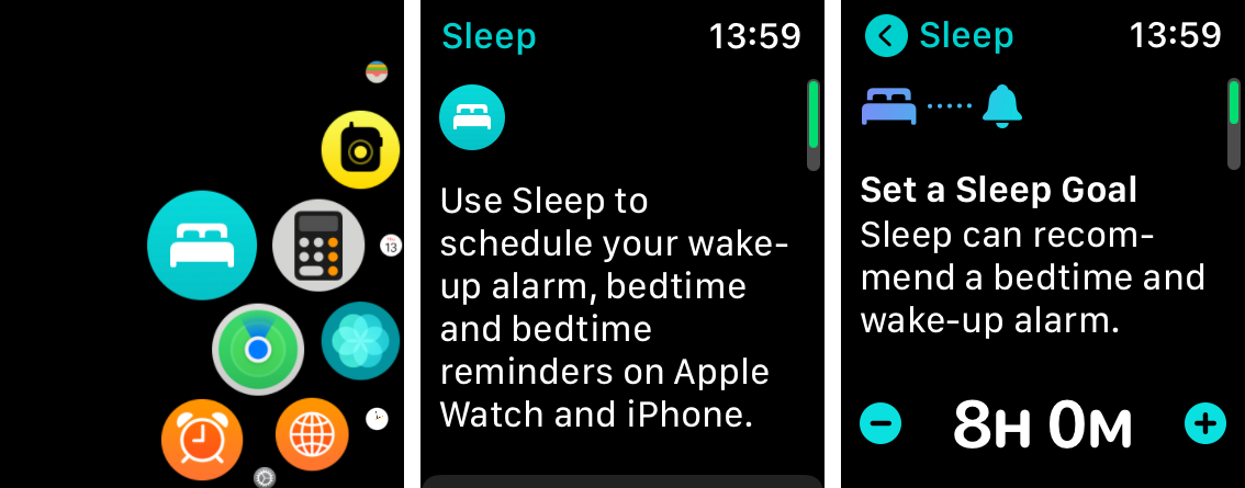 The first image shows what the new Sleep icon looks like, the next two are its initial greeting screens - Apple Watch sleep tracking is here! This is how it works