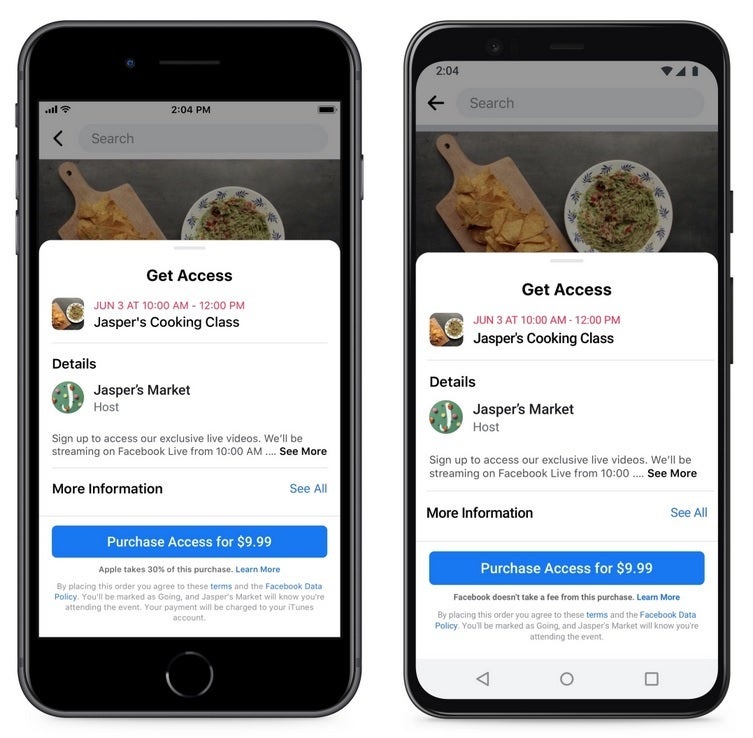 Online event on iOS at left, on Android at right - Apple declines Facebook's request to help small businesses