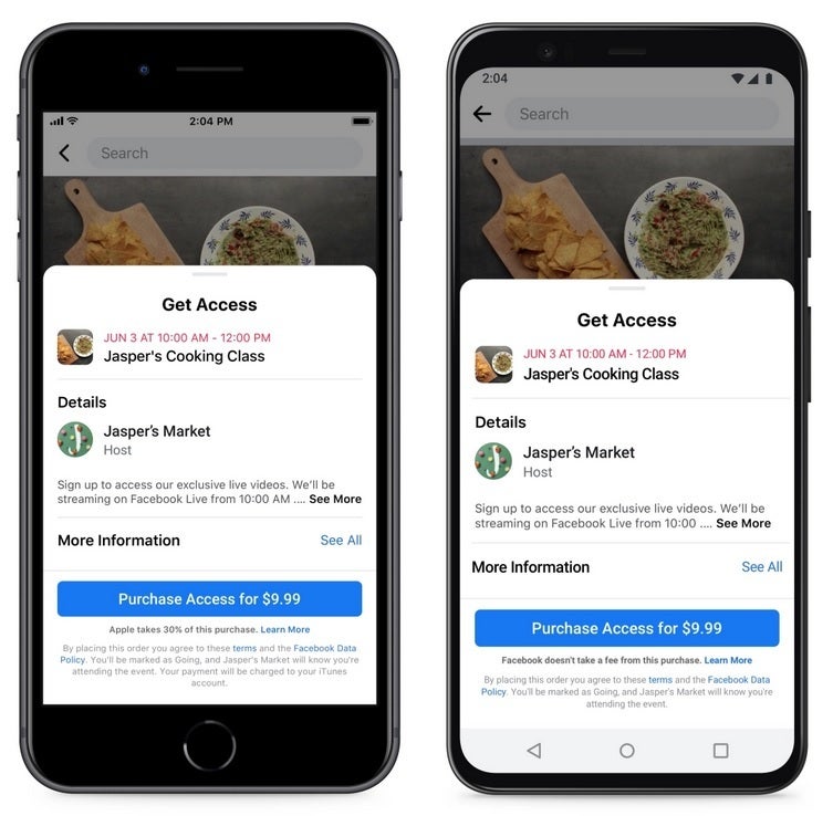 Online event on iOS at left, on Android at right - Apple declines Facebook&#039;s request to help small businesses