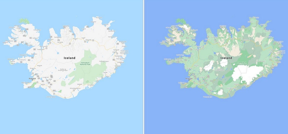 The old look is at left with the updated more detailed image on the right - Updates to Google Maps add more detail to countries and city streets