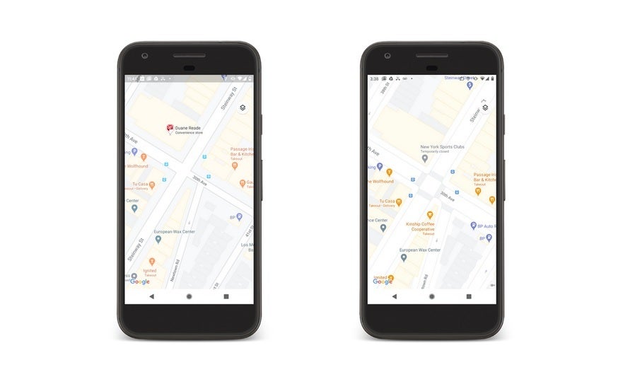 The image on the right contains a more detailed look of the city streets which are shown to scale and with pedestrian islands and more - Updates to Google Maps add more detail to countries and city streets