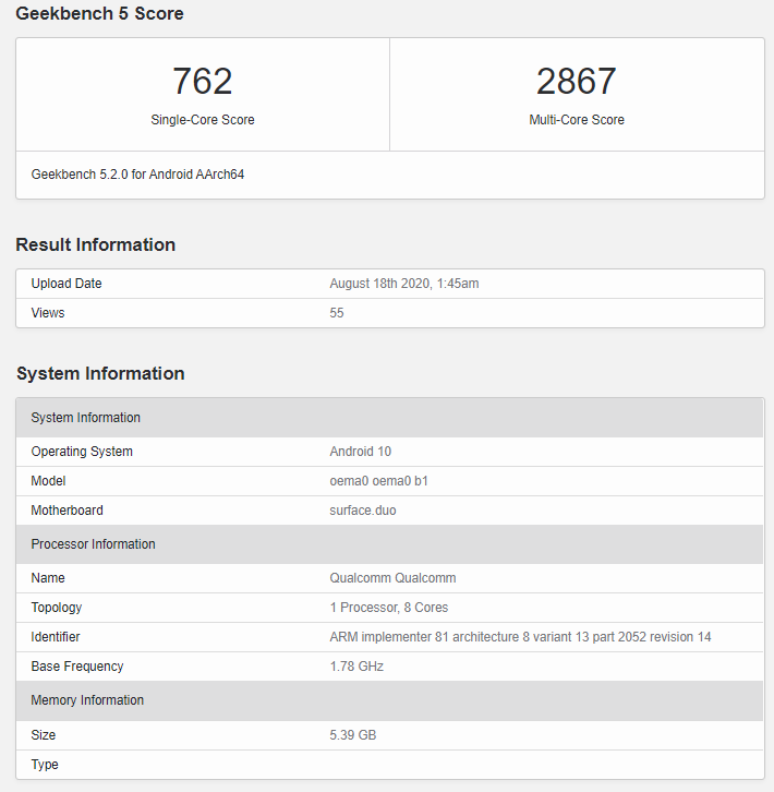 Surface Duo's alleged Geekbench listing - Microsoft Surface Duo benchmark scores are a rebuttal to 'dead on arrival' jibes