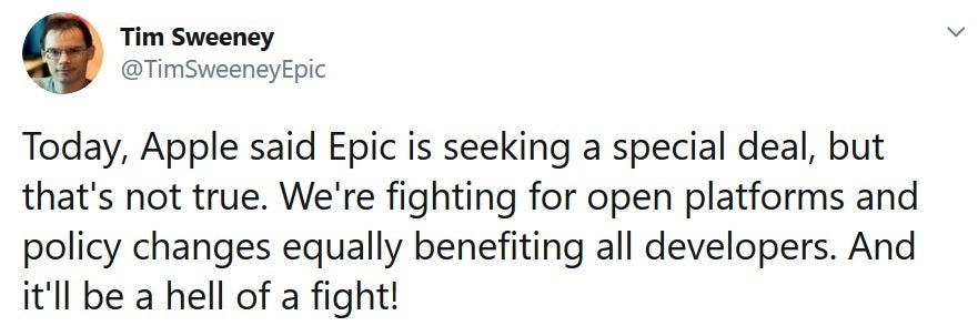 Epic CEO Tim Sweeney says that Epic isn't seeking a special deal from Apple and is fighting on behalf of all developers - Apple accuses Epic of deceiving it in new court filing