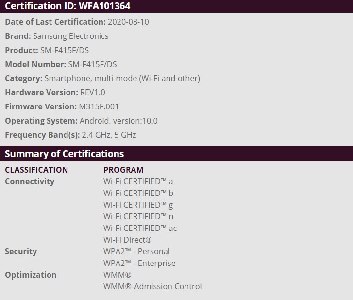 SM-F415F/DS spotted on Wi-Fi Alliance&#039;s website - Non-flagship foldable phone from Samsung could be here before the year ends