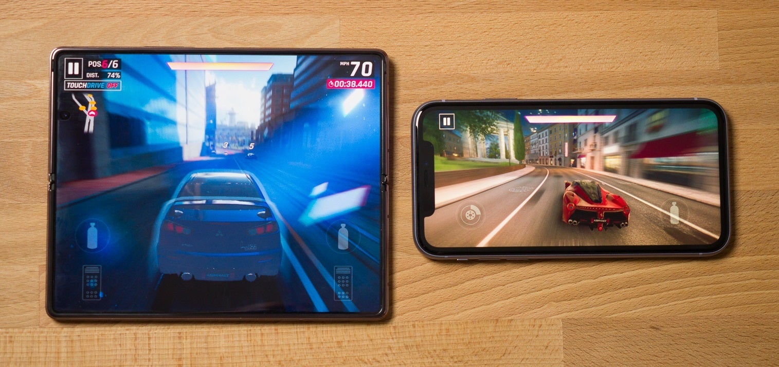 Asphalt 9 gameplay on the Galaxy Z Fold 2 (left) against a standard smartphone (iPhone 11). - The Galaxy Z Fold 2 experience: Here&#039;s how videos look, games play, and more!