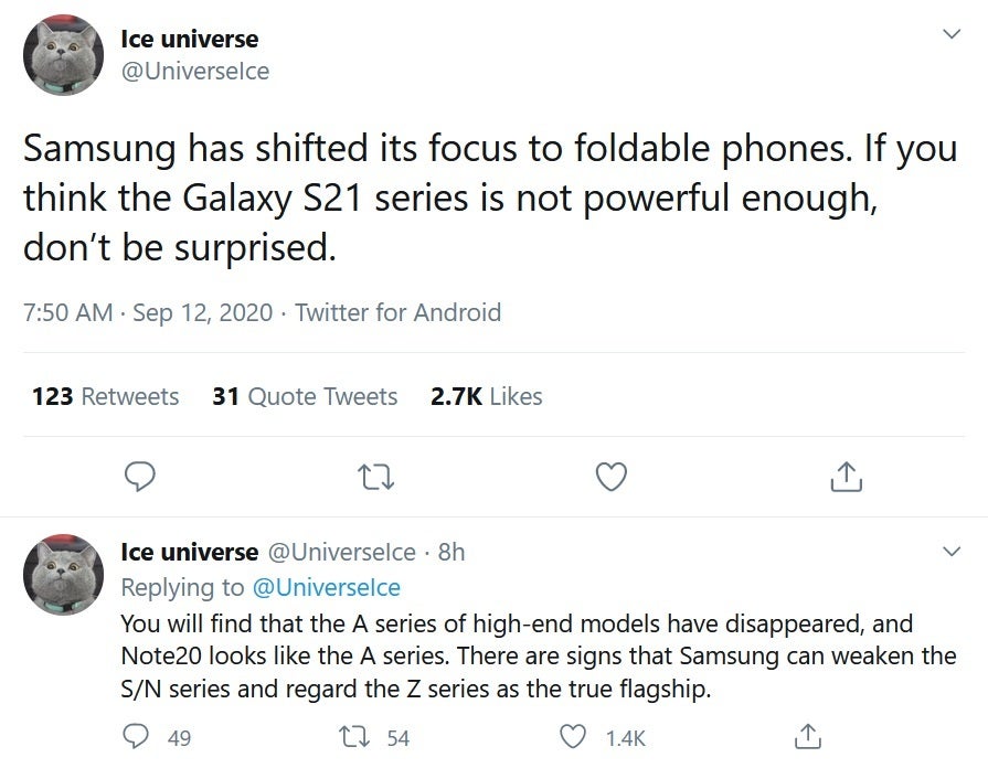 Tipster Ice universe says that Samsung is looking at its foldables as flagship models instead of the Galaxy S and Galaxy Note units - Tipster says that Samsung could be making major changes to its flagship lines