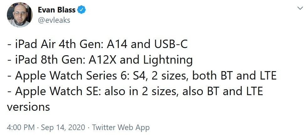 Twitter tipster Evan Blass leaks some specs for Apple devices that could be unveiled tomorrow - Hours before Apple's next virtual event, tipster leaks specs for some devices