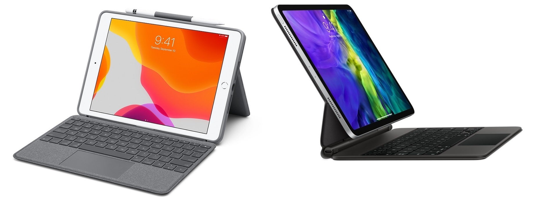 The iPad 8 with Logitech&#039;s keyboard and trackpad case (left) versus the iPad Air 4 with Magic Keyboard. - Apple iPad 8 vs iPad Air 4: Which one should you buy?