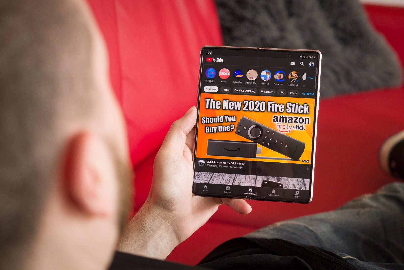 YouTube definitely hasn't been optimized for this screen size. You get to see one huge thumbnail and not much else at a glance. - Samsung Galaxy Z Fold 2 long-term review: Still exciting?