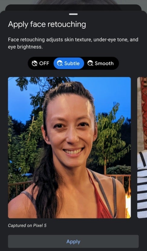 An example of the new value-neutral icons and descriptions for a retouching filter on Android - Google made this change to the Camera app on the new Pixels to preserve your mental health