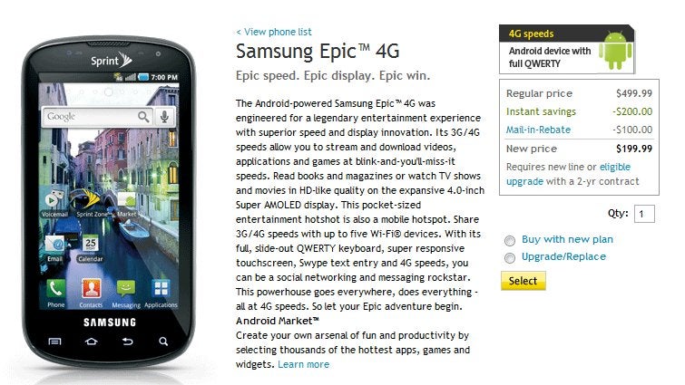 Sprint drops the price of the Samsung Epic 4G to $200 with a contract