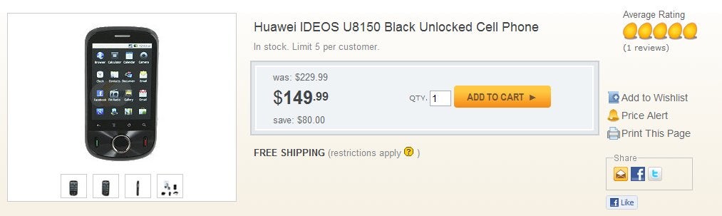 NewEgg is offering the unlocked Huawei IDEOS U8150 (T-Mobile Comet) for $150
