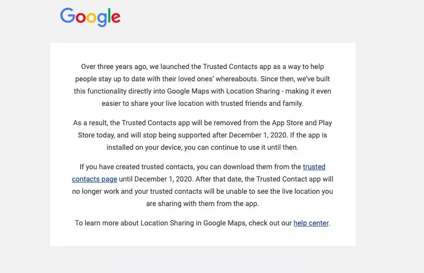 Google ends support for its Trusted Contact app on December 1; Google Maps will take over location sharing