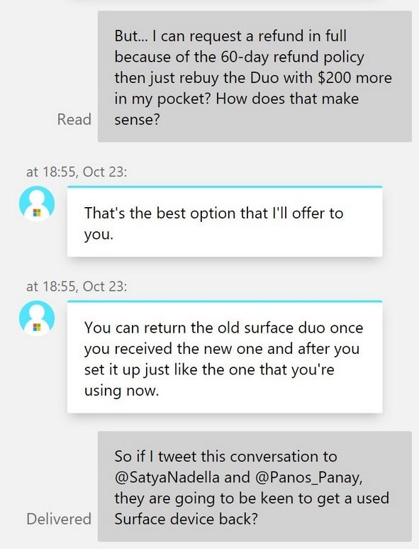 Tweet includes a conversation about what Surface Duo owners need to do to match Microsoft&#039;s new sale price on the device - Microsoft ignites Surface Duo controversy after last week&#039;s announcement