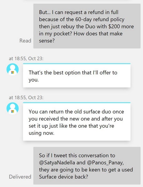 Tweet includes a conversation about what Surface Duo owners need to do to match Microsoft's new sale price on the device - Microsoft ignites Surface Duo controversy after last week's announcement