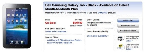 Best Buy Canada shaves off $100 from the price of Bell&#039;s Samsung Galaxy Tab