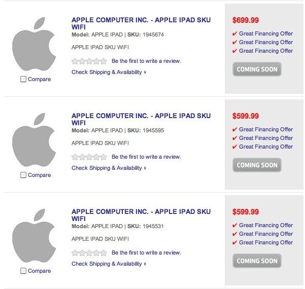 Three placeholders could be saving space for the Apple iPad 2 - Best Buy's 3 placeholder SKU's for the Wi-Fi Apple iPad suggest the sequel is coming soon